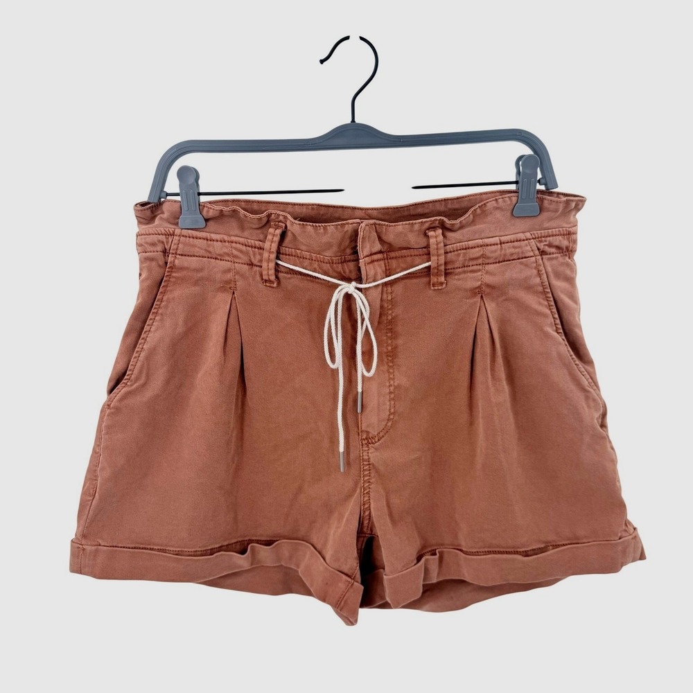 Paige Carly Drawstring Paperbag Waist Shorts Brown Lyocell Pleated Cuffed 31 12